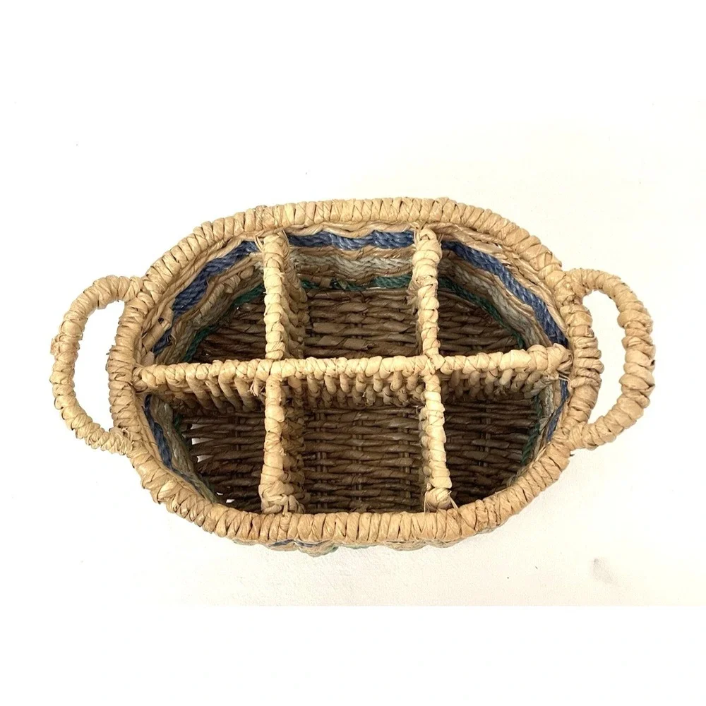 Handwoven Wicker Basket Caddy Divided Natural & Blues Handles Utensil Bottles